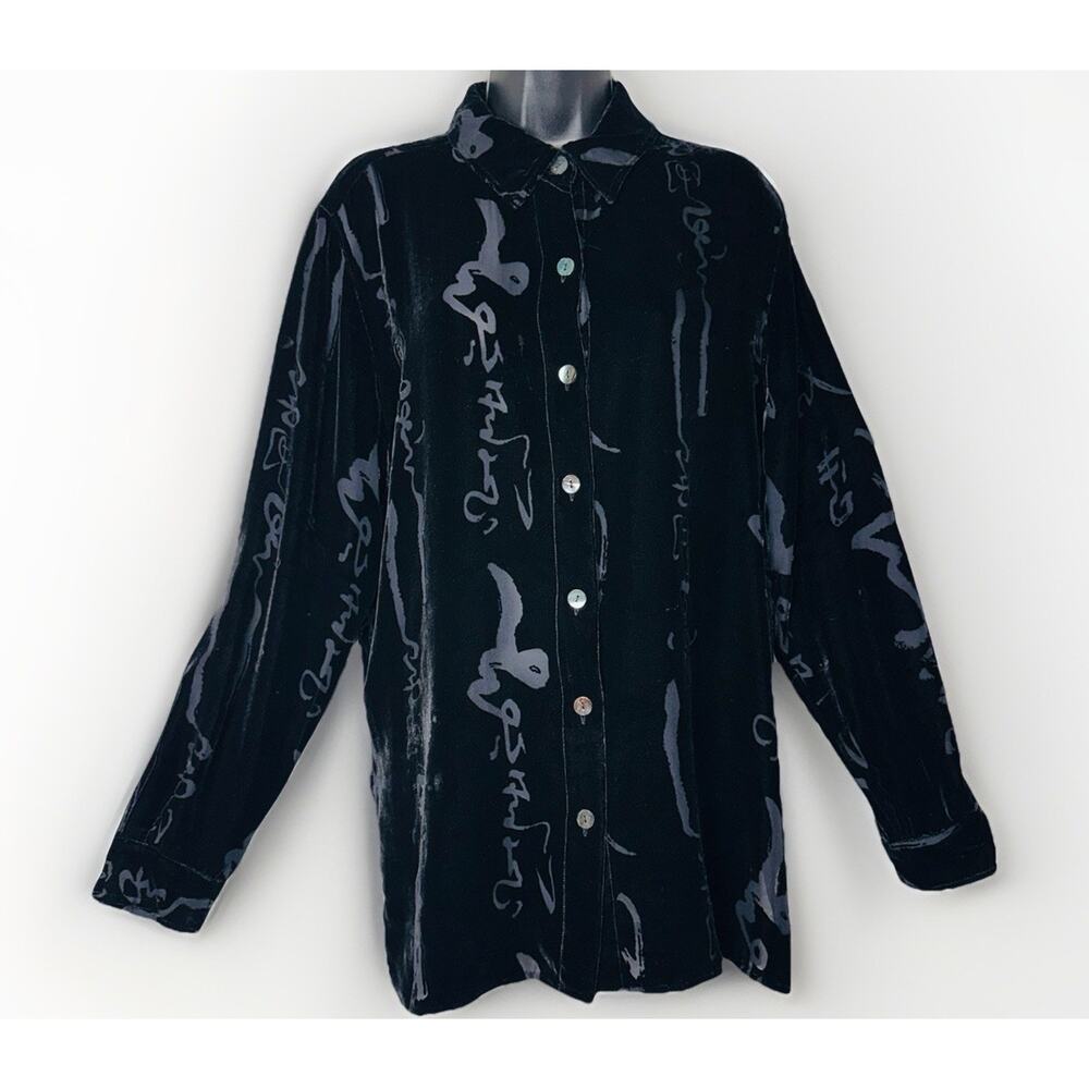 Y2K Chicos Black Velvet Burnout Button Tunic Sz 0/SM Silk Mandarin Collar Blouse